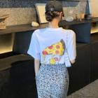 Short-sleeve Pizza Print T-shirt / Floral Print Skirt