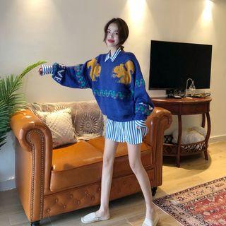 Printed Sweater / Striped Long Shirt