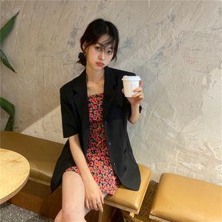 Short-sleeve Blazer / Spaghetti Strap Floral Print Mini A-line Dress