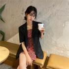 Short-sleeve Blazer / Spaghetti Strap Floral Print Mini A-line Dress