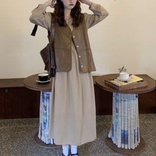 Long-sleeve Midi A-line Dress / Faux Leather Vest