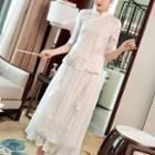 Elbow-sleeve Embroidered Hanfu Top / Midi A-line Skirt