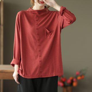 Long-sleeve Mock-neck Button-up Top