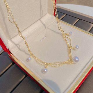 Faux Pearl Layered Alloy Necklace 1pc - X887 - Gold & White - One Size