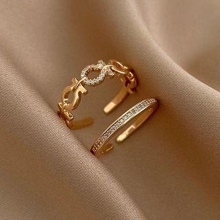 Rhinestone Ring Set Of 2 - Gold - One Size