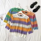 3/4-sleeve Rainbow Stripe Cropped Open Knit Top