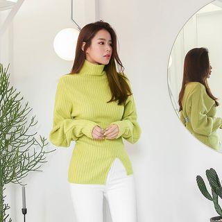 Turtleneck Bishop-sleeve Ribbed Sweater