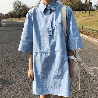 Elbow-sleeve Shirtdress Blue - One Size