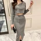 Set: Rib-knit Cardigan + Asymmetric-button Long Skirt
