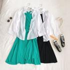 Set Of 2: Sleeveless Drawstring Dress + Plain Long-sleeve Light Shirt