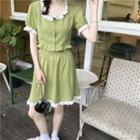 Short-sleeve Lace Trim Buttoned Top / A-line Mini Skirt