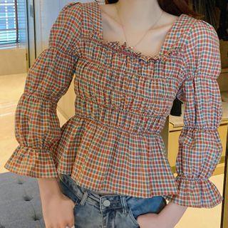 Balloon-sleeve Plaid Shirred Blouse