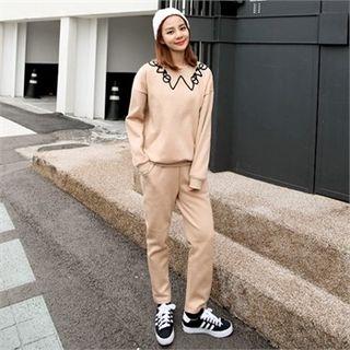 Set: Lettering Brushed-fleece Lined Sweatshirt + Sweatpants