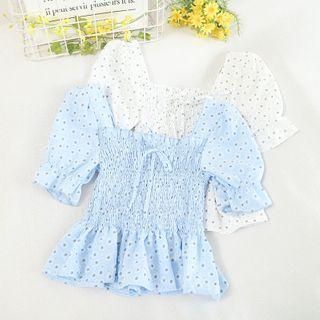 Square-neck Short-sleeve Floral Blouse
