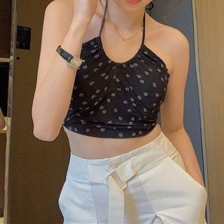 Floral Cropped Halter Top Halter Top - Black - One Size