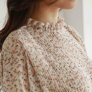 Frill-collar Floral Pleated Long Dress With Sash