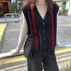 V-neck Checker Embroidered Buttoned Knit Vest