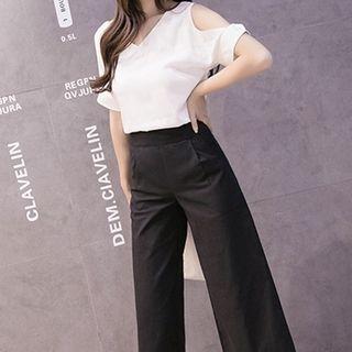 Set: Cutout-shoulder Top + Wide Leg Pants