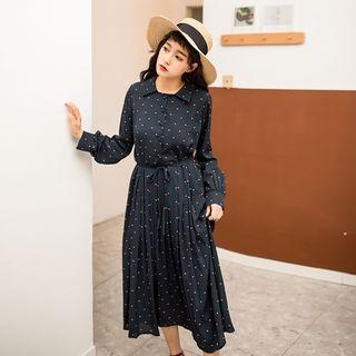 Printed Collared Long-sleeve A-line Dress