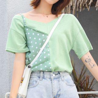 Mock Two-piece Elbow-sleeve Paneled Top