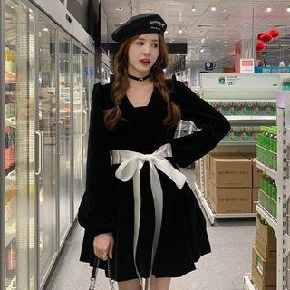 Long-sleeve Ribbon Velvet Mini A-line Dress Black - One Size