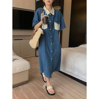 Short-sleeve Loose-fit Denim Midi Dress Blue - One Size