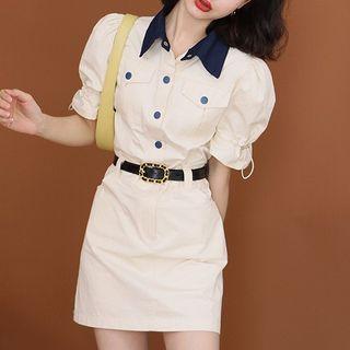 Short-sleeve Mini Shirtdress Without Belt - Light Yellow - One Size