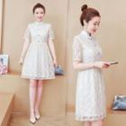 Mandarin Collar Short-sleeve Mini A-line Lace Dress