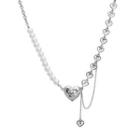 Heart Pendant Asymmetrical Beaded Necklace 01 - Silver - One Size