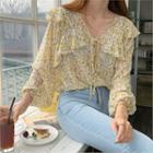 Tie-front Floral Print Chiffon Blouse Yellow - One Size