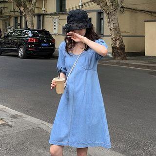 Elbow-sleeve A-line Denim Dress