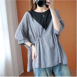 Color Block Elbow-sleeve Top Black - One Size
