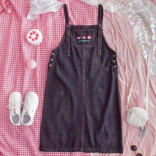 Embroidered Denim Jumper Dress Denim Blue - One Size