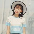 Short-sleeve Color Block Lettering Cropped T-shirt
