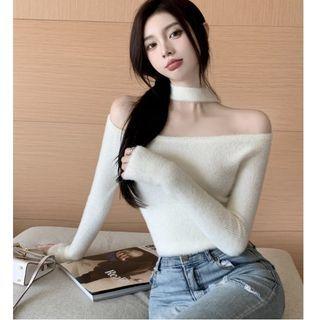 Off-shoulder Choker Mohair Knit Top