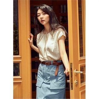 Cap-sleeve Pleated-trim Top Cream - One Size