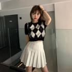 Short-sleeve Cropped Argyle Knit Top / Pleated Mini A-line Skirt