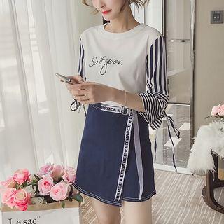 Set: Striped Panel Elbow-sleeve Top + A-line Skirt