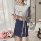 Set: Striped Panel Elbow-sleeve Top + A-line Skirt