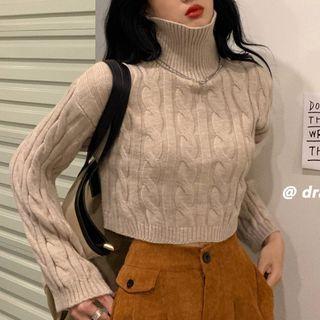 Turtleneck Chunky Knit Cropped Sweater / Corduroy Wide-leg Pants