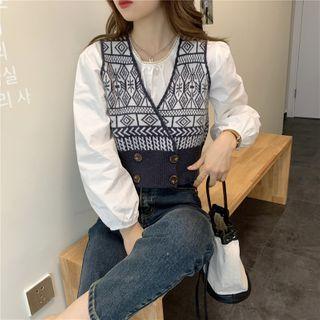 Patterned Knit Vest / Balloon-sleeve Blouse