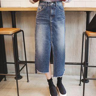 Asymmetric Slit-hem Long Denim Skirt