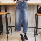 Asymmetric Slit-hem Long Denim Skirt