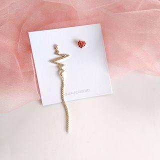 Non-matching Rhinestone Heart Dangle Earring 1 Pair - S925 Silver - Earring - One Size
