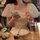 Puff-sleeve Square-neck A-line Lace Dress