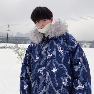 Crane Print Hooded Padded Zip Coat
