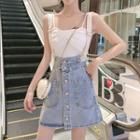 Set: Twisted Front Camisole + Single-breasted Denim Suspender Skirt / Denim Suspender Skirt
