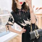 Short-sleeve Crane Print Blouse / Asymmetric A-line Mini Skirt / Set