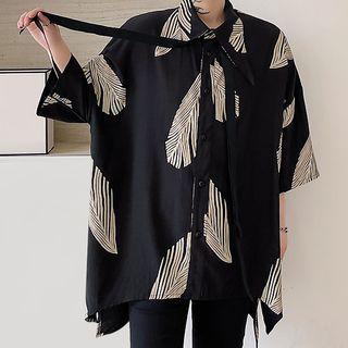 Leaf Print Strap Detail Short Sleeve Shirt