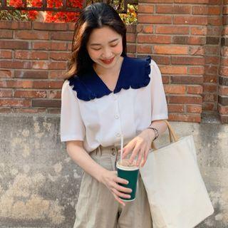 Short Sleeve Contrast Collar Frill Trim Shirt White - One Size